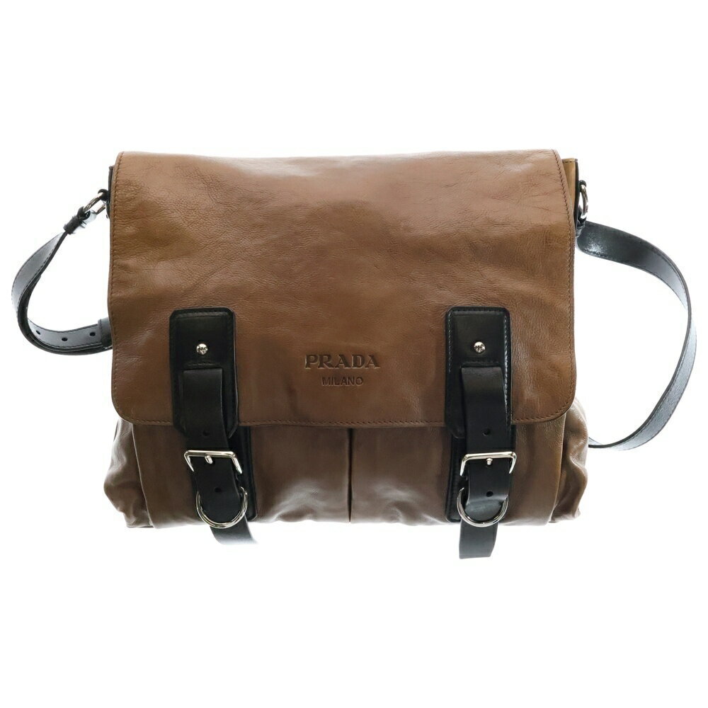 PRADA Messenger Bag Shoulder Brown Black Leather Logo